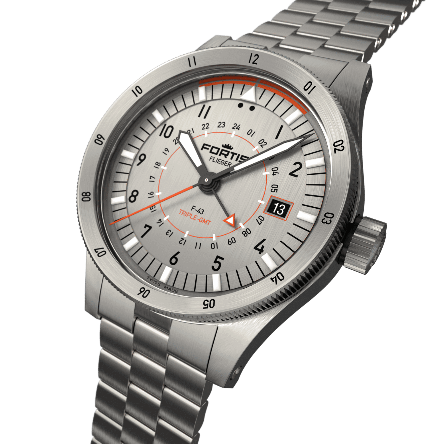 Flieger F-43 Triple-GMT Titanium Orange BB / Crown