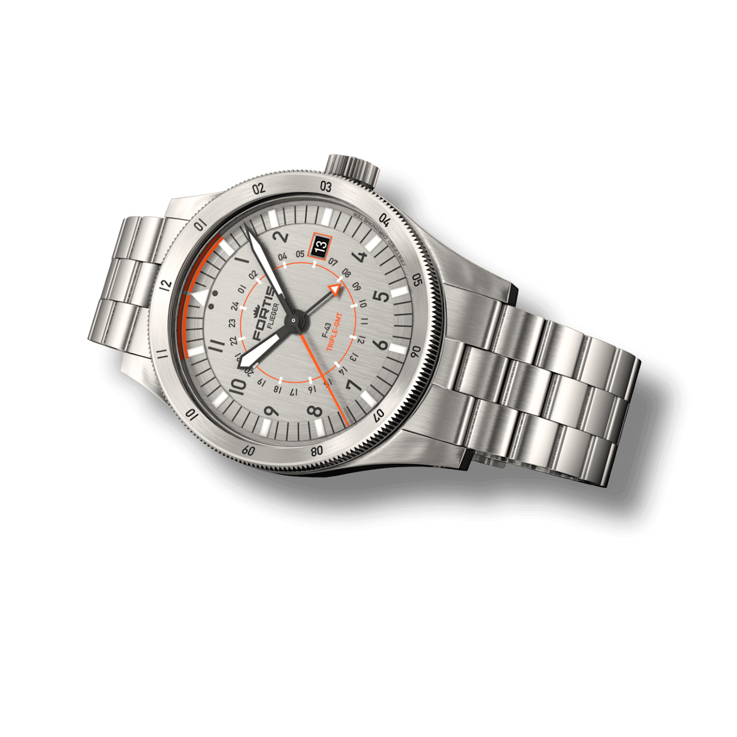 Flieger F-43 Triple-GMT Titanium Orange BB / liegend